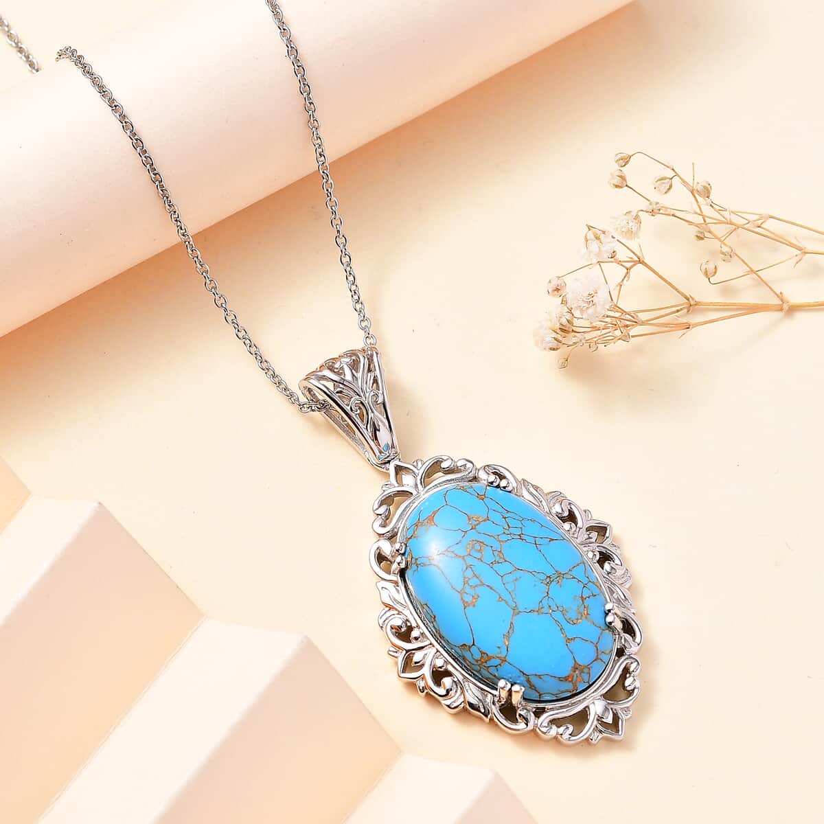 Karis Mojave Blue Turquoise 28.35 ctw Pendant in Platinum Bond with Stainless Steel Necklace 20 Inches image number 1