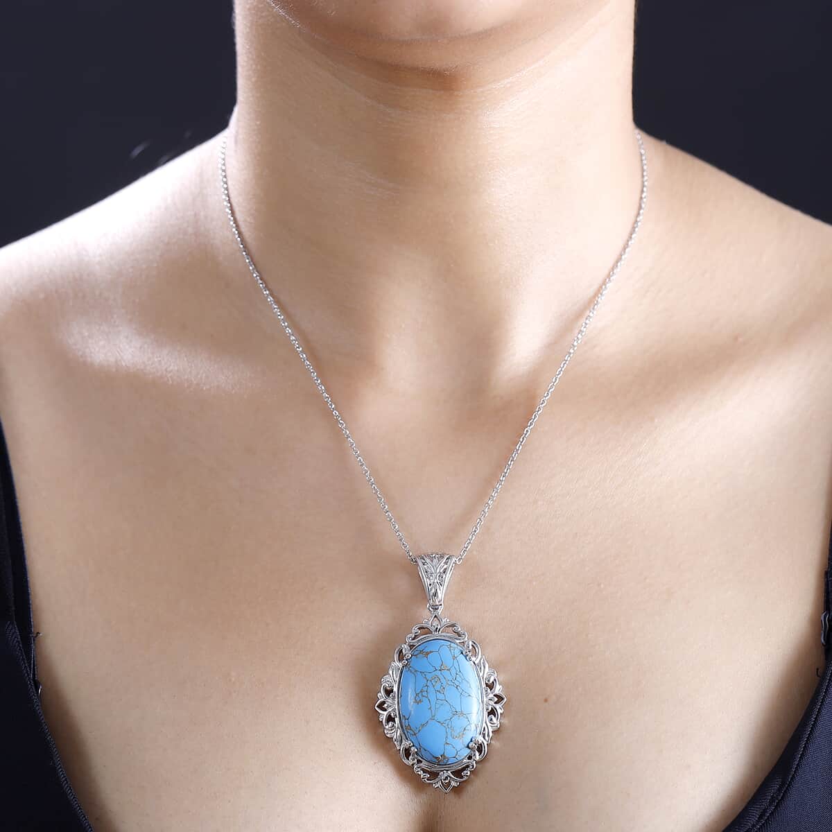 Karis Mojave Blue Turquoise 28.35 ctw Pendant in Platinum Bond with Stainless Steel Necklace 20 Inches image number 2