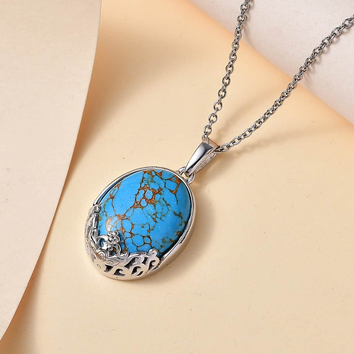 Karis Mojave Blue Turquoise 12.60 ctw Pendant in Platinum Bond with Stainless Steel Necklace 20 Inches image number 1