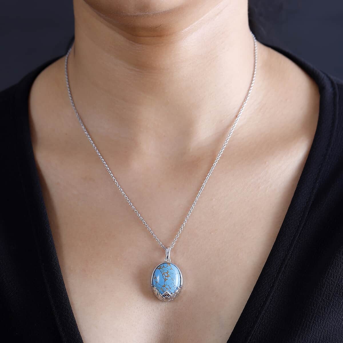 Karis Mojave Blue Turquoise 12.60 ctw Pendant in Platinum Bond with Stainless Steel Necklace 20 Inches image number 2