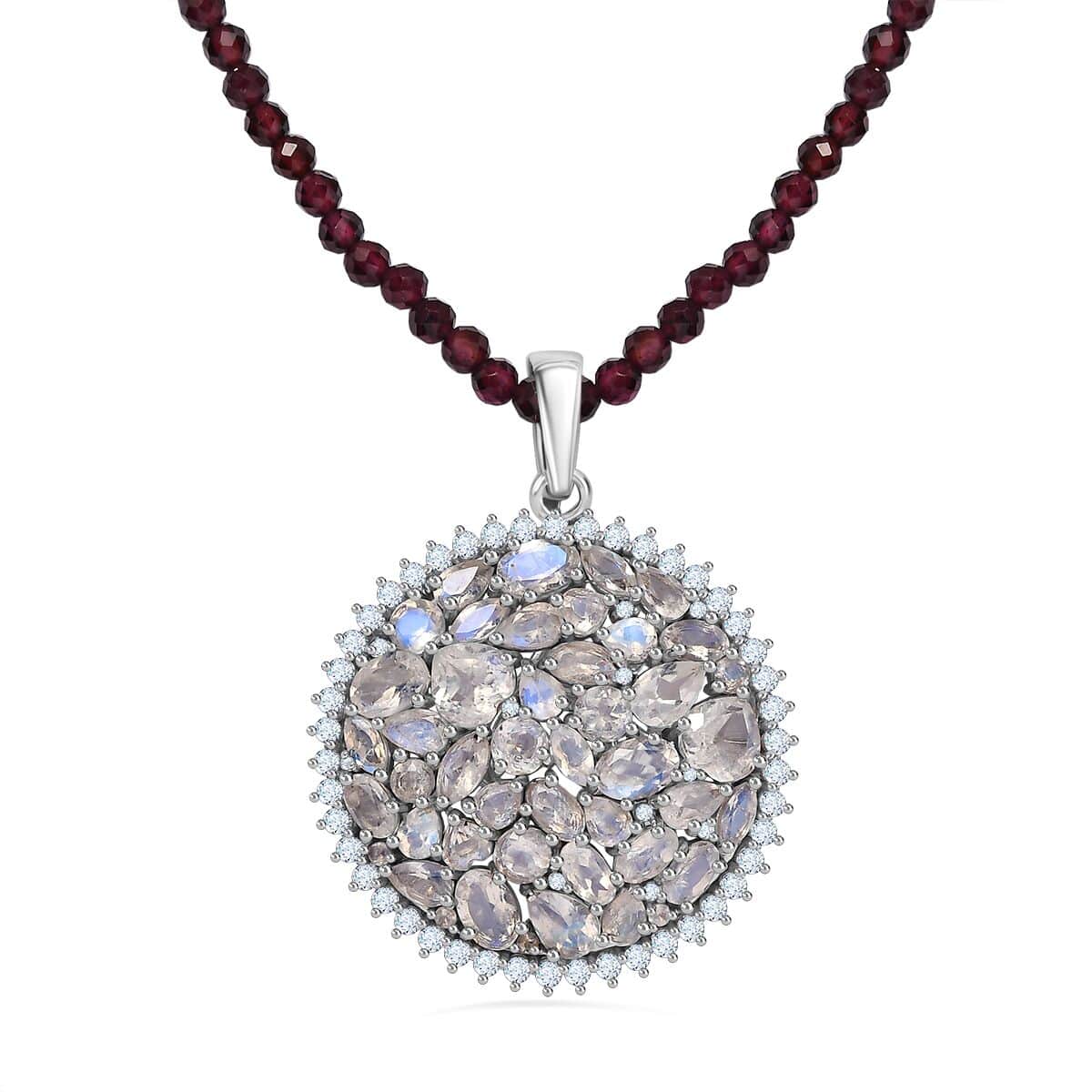 Moon Glow Moonstone and White Zircon Medallion Pendant with Rhodolite Garnet Beaded Necklace 20 Inches in Rhodium Over Sterling Silver 83.00 ctw image number 0