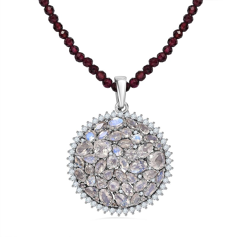 Moon Glow Moonstone and White Zircon Medallion Pendant with Rhodolite Garnet Beaded Necklace 20 Inches in Rhodium Over Sterling Silver 83.00 ctw