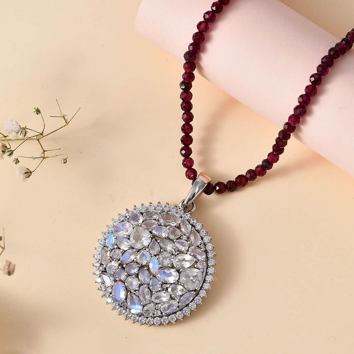 Moon Glow Moonstone and White Zircon Medallion Pendant with Rhodolite Garnet Beaded Necklace 20 Inches in Rhodium Over Sterling Silver 83.00 ctw image number 1