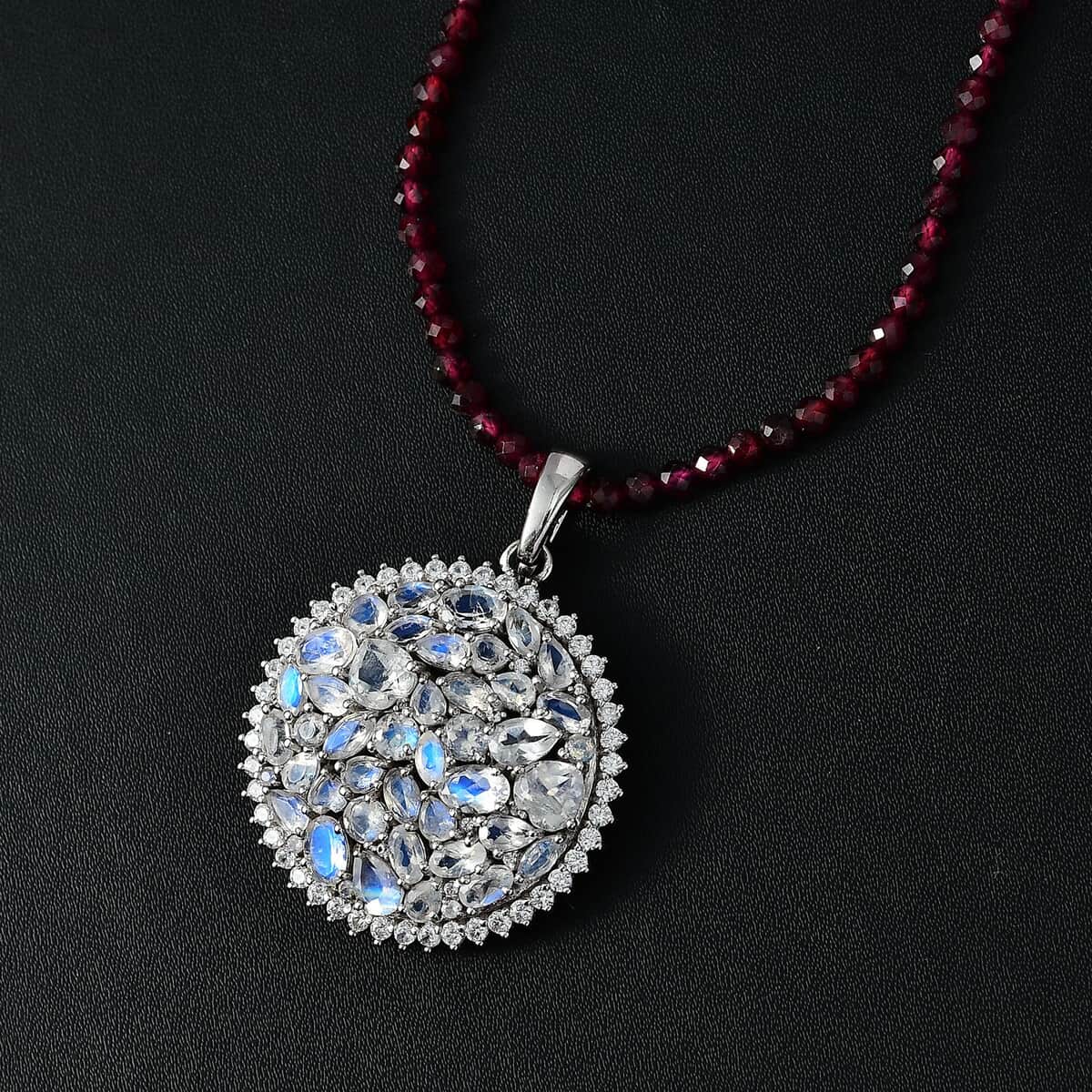 Moon Glow Moonstone and White Zircon Medallion Pendant with Rhodolite Garnet Beaded Necklace 20 Inches in Rhodium Over Sterling Silver 83.00 ctw image number 2