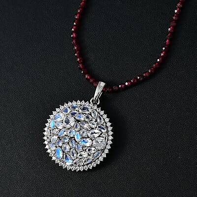Moon Glow Moonstone and White Zircon Medallion Pendant with Rhodolite Garnet Beaded Necklace 20 Inches in Rhodium Over Sterling Silver 83.00 ctw