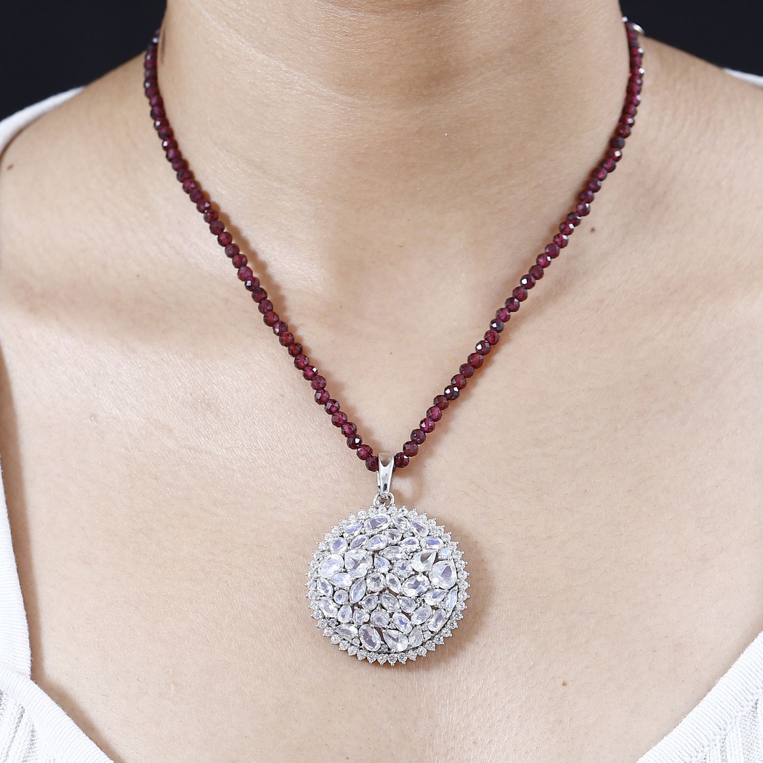 Moon Glow Moonstone and White Zircon Medallion Pendant with Rhodolite Garnet Beaded Necklace 20 Inches in Rhodium Over Sterling Silver 83.00 ctw