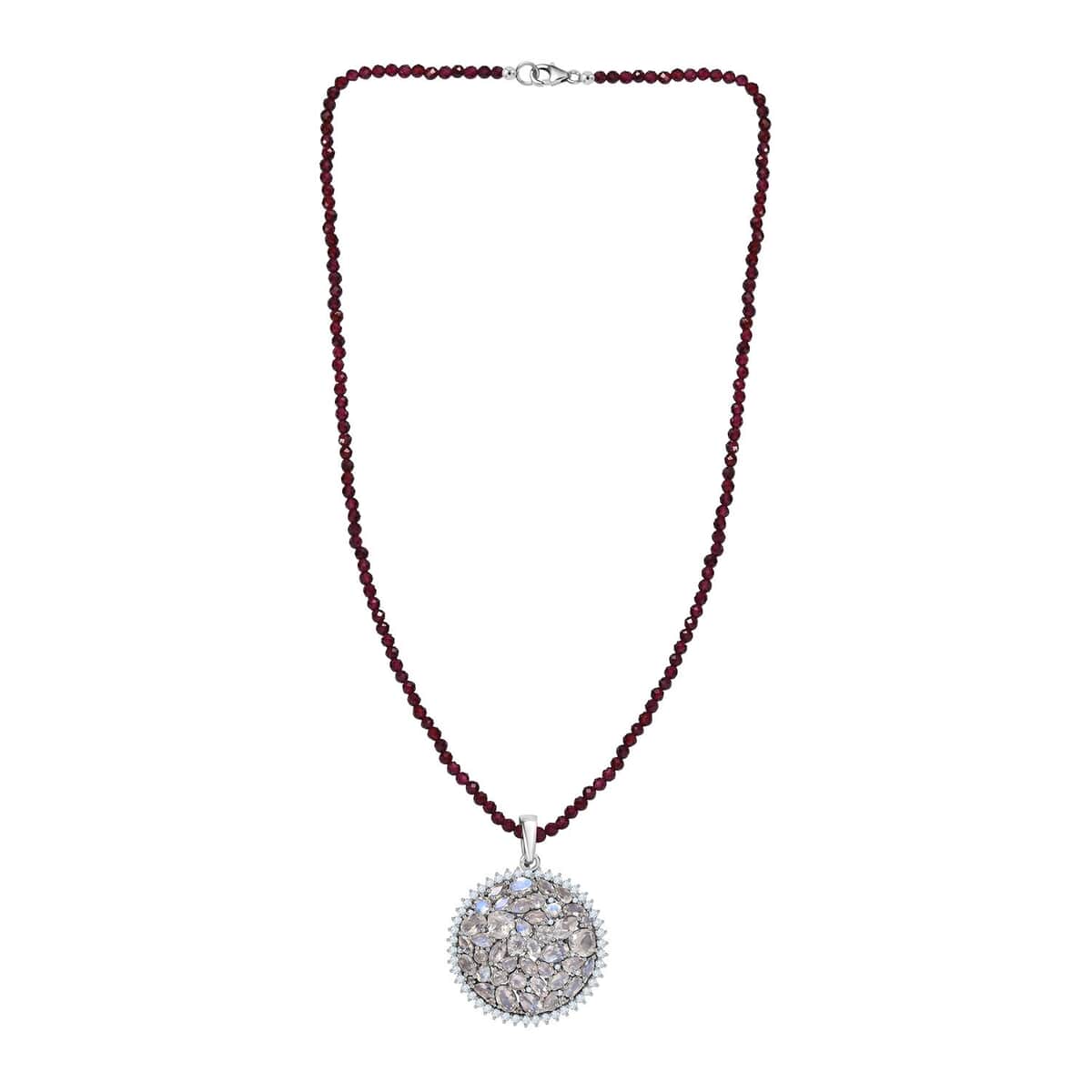 Moon Glow Moonstone and White Zircon Medallion Pendant with Rhodolite Garnet Beaded Necklace 20 Inches in Rhodium Over Sterling Silver 83.00 ctw image number 4