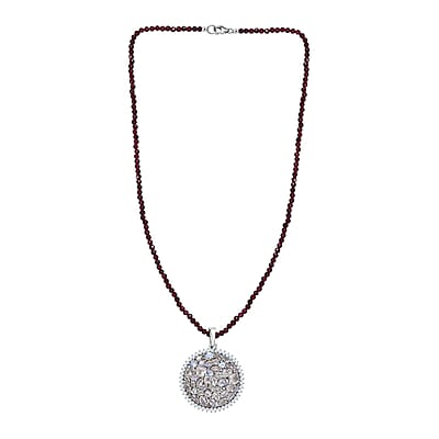 Moon Glow Moonstone and White Zircon Medallion Pendant with Rhodolite Garnet Beaded Necklace 20 Inches in Rhodium Over Sterling Silver 83.00 ctw