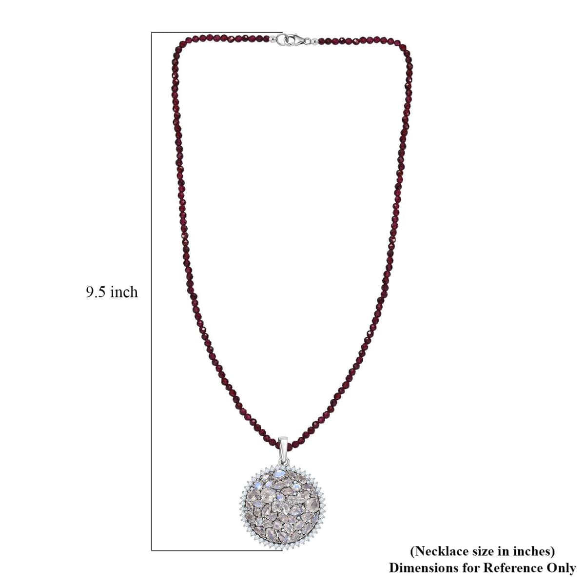 Moon Glow Moonstone and White Zircon Medallion Pendant with Rhodolite Garnet Beaded Necklace 20 Inches in Rhodium Over Sterling Silver 83.00 ctw image number 6