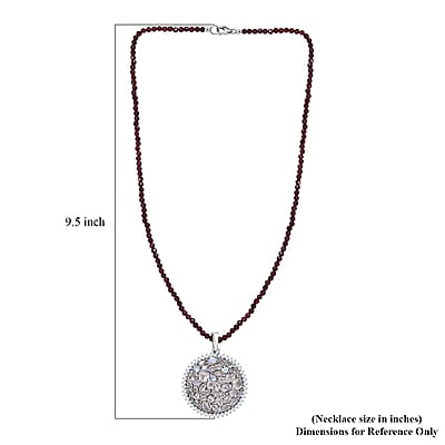 Moon Glow Moonstone and White Zircon Medallion Pendant with Rhodolite Garnet Beaded Necklace 20 Inches in Rhodium Over Sterling Silver 83.00 ctw