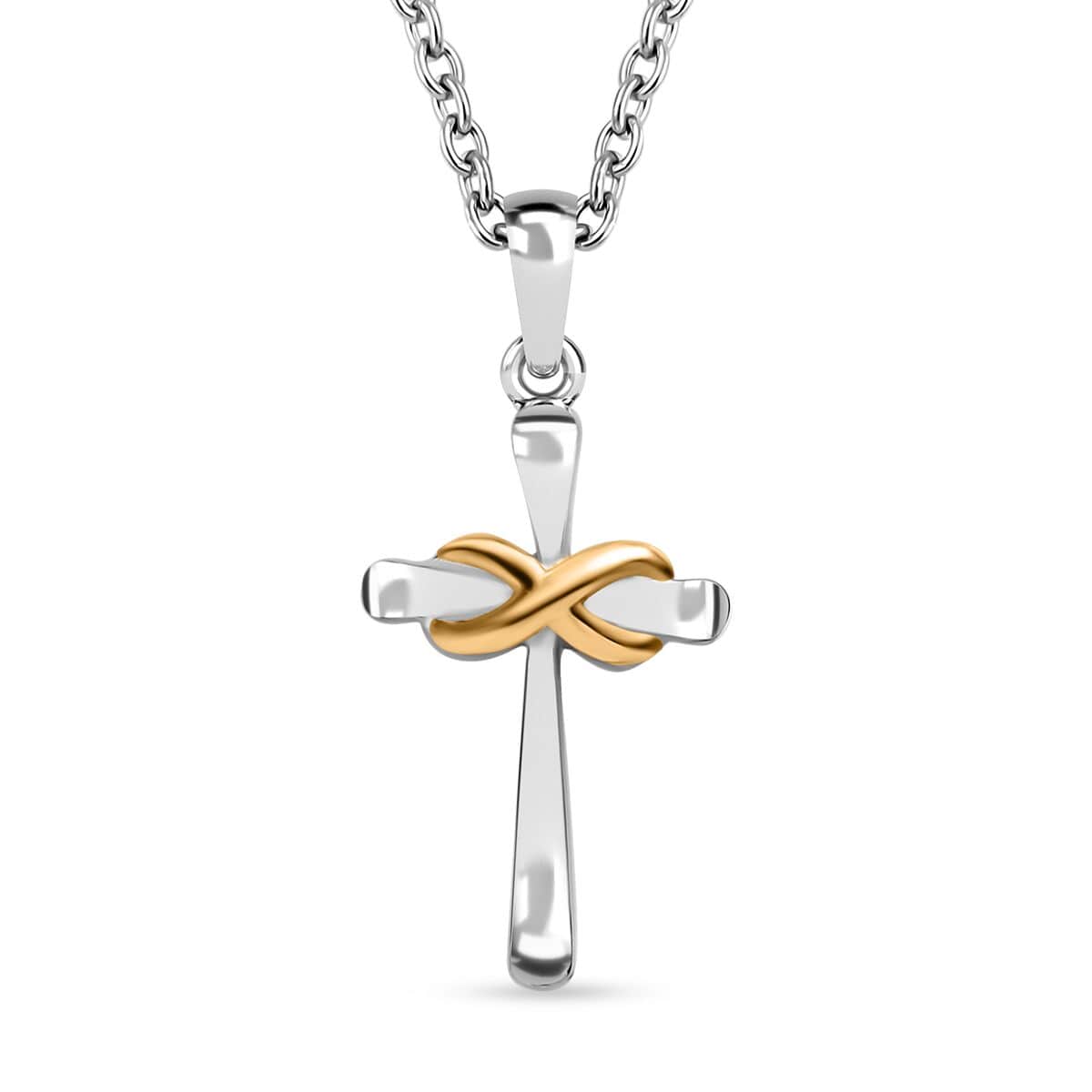 14K Yellow Gold and Rhodium Over Sterling Silver Infinity Cross Pendant with Stainless Steel Necklace 20 Inches image number 0