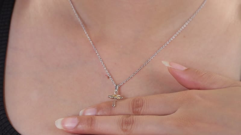 14K Yellow Gold and Rhodium Over Sterling Silver Infinity Cross Pendant with Stainless Steel Necklace 20 Inches