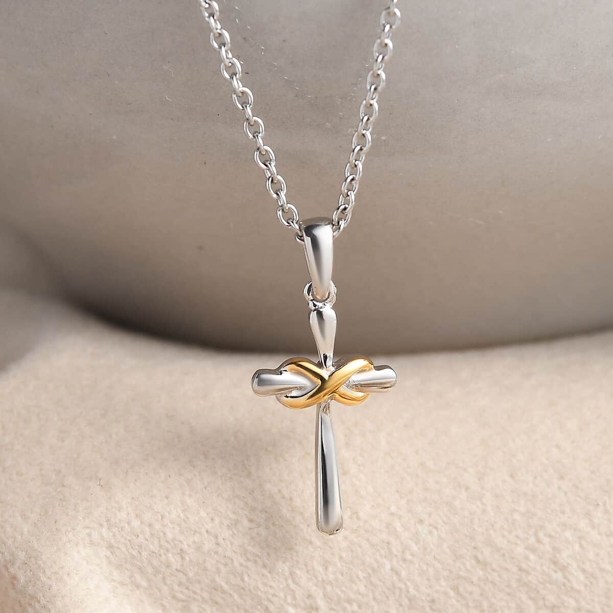 14K Yellow Gold and Rhodium Over Sterling Silver Infinity Cross Pendant with Stainless Steel Necklace 20 Inches image number 1