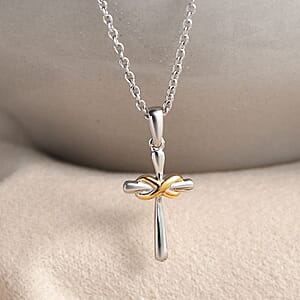 14K Yellow Gold and Rhodium Over Sterling Silver Infinity Cross Pendant with Stainless Steel Necklace 20 Inches