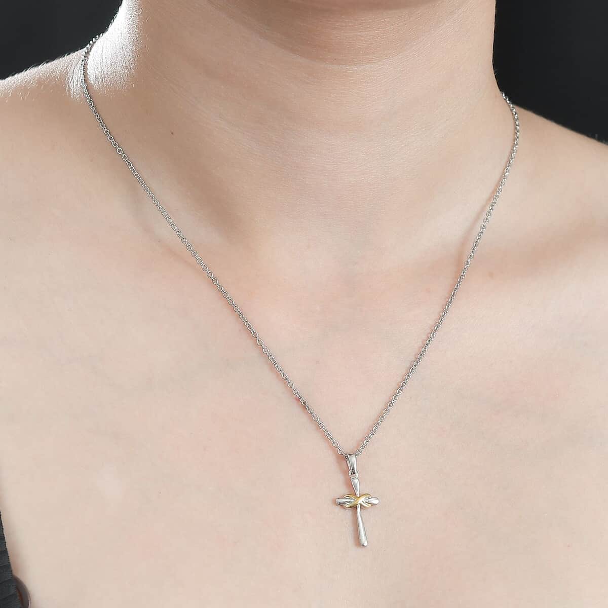 14K Yellow Gold and Rhodium Over Sterling Silver Infinity Cross Pendant with Stainless Steel Necklace 20 Inches image number 2