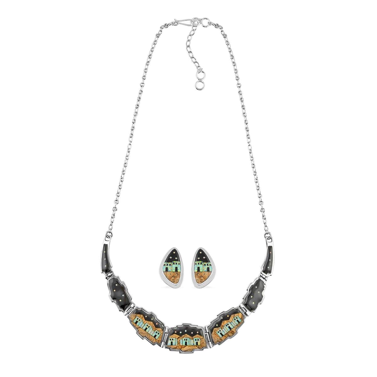 Santa Fe Style Black Onyx and Multi Gemstone Necklace 18 Inches and Earrings in Sterling Silver 45.75 ctw image number 0