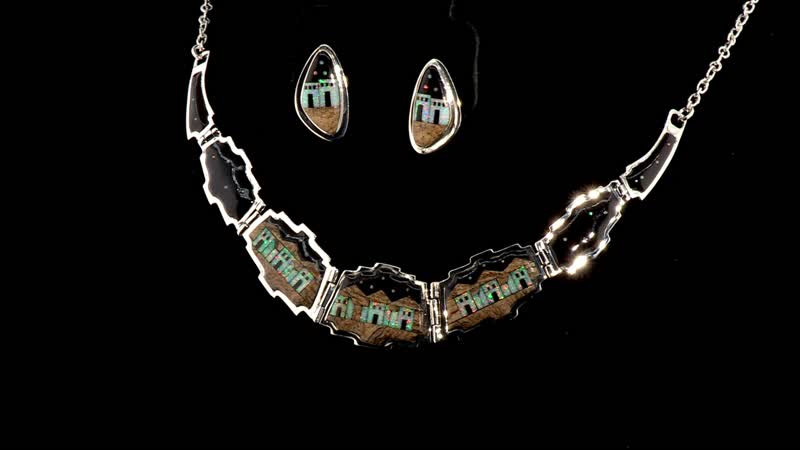 Santa Fe Style Black Onyx and Multi Gemstone Necklace 18 Inches and Earrings in Sterling Silver 45.75 ctw