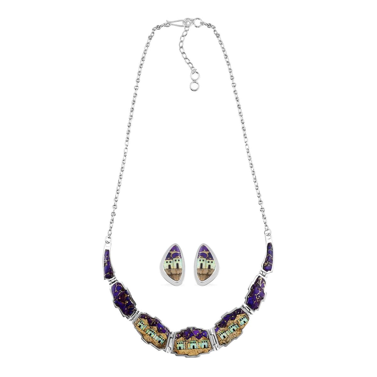 Santa Fe Style Purple Turquoise and Multi Gemstone Necklace 18-20 Inches and Earrings in Sterling Silver 45.75 ctw image number 0