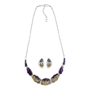 Santa Fe Style Purple Turquoise and Multi Gemstone Necklace 18-20 Inches and Earrings in Sterling Silver 45.75 ctw