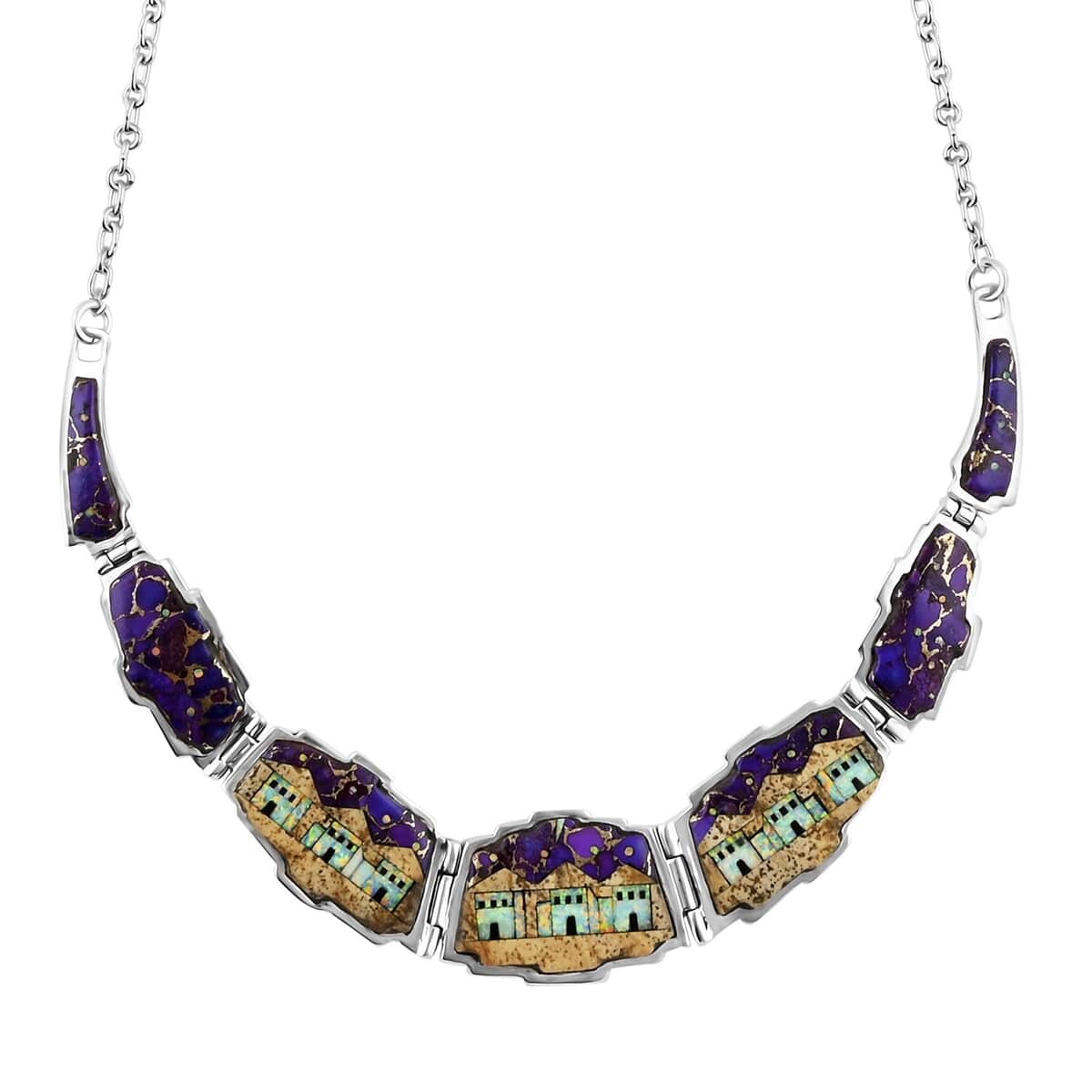 Santa Fe Style Purple Turquoise and Multi Gemstone Necklace 18-20 Inches and Earrings in Sterling Silver 45.75 ctw image number 1