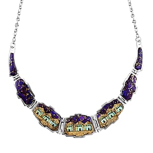 Santa Fe Style Purple Turquoise and Multi Gemstone Necklace 18-20 Inches and Earrings in Sterling Silver 45.75 ctw