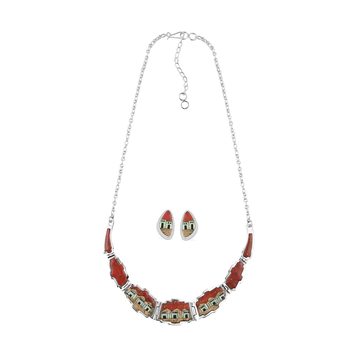 Santa Fe Style Red Coral and Multi Gemstone Necklace 18-20 Inches and Earrings in Sterling Silver 25.25 ctw image number 0