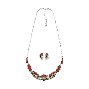 Santa Fe Style Enhanced Red Coral, Multi Gemstone Necklace (18-20 Inches) and Earrings in Sterling Silver 45.00 ctw