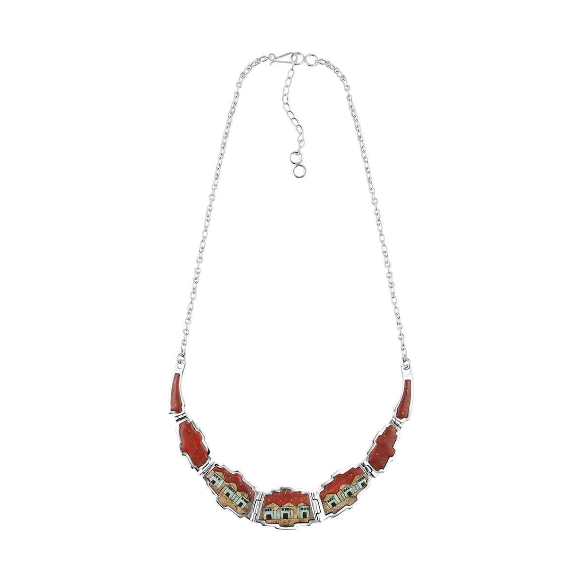 Santa Fe Style Red Coral and Multi Gemstone Necklace 18-20 Inches and Earrings in Sterling Silver 25.25 ctw image number 1