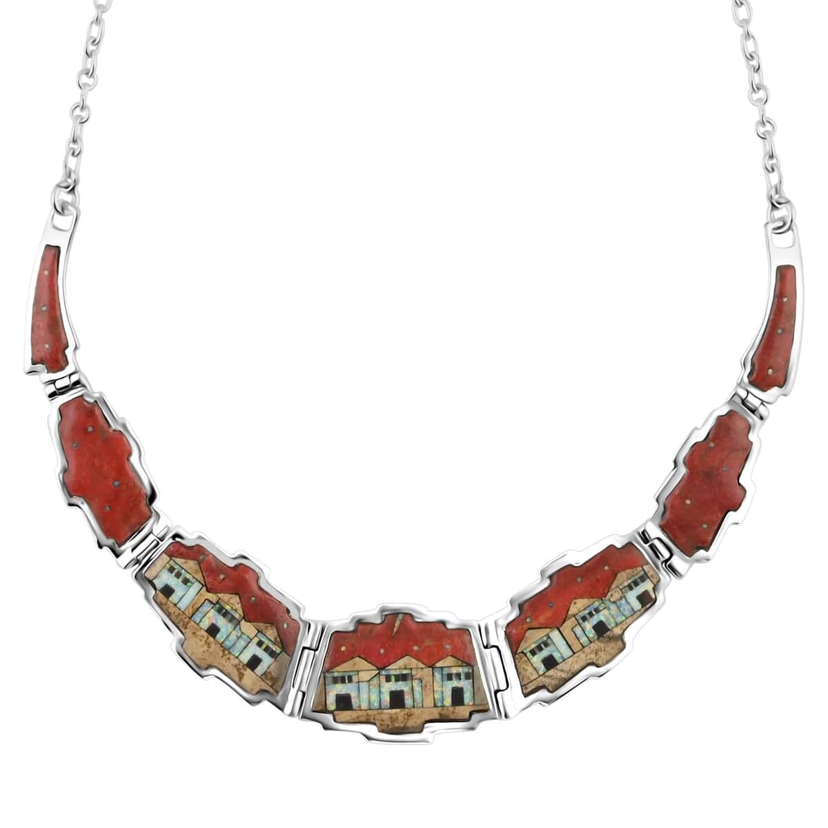 Santa Fe Style Red Coral and Multi Gemstone Necklace 18-20 Inches and Earrings in Sterling Silver 25.25 ctw image number 2