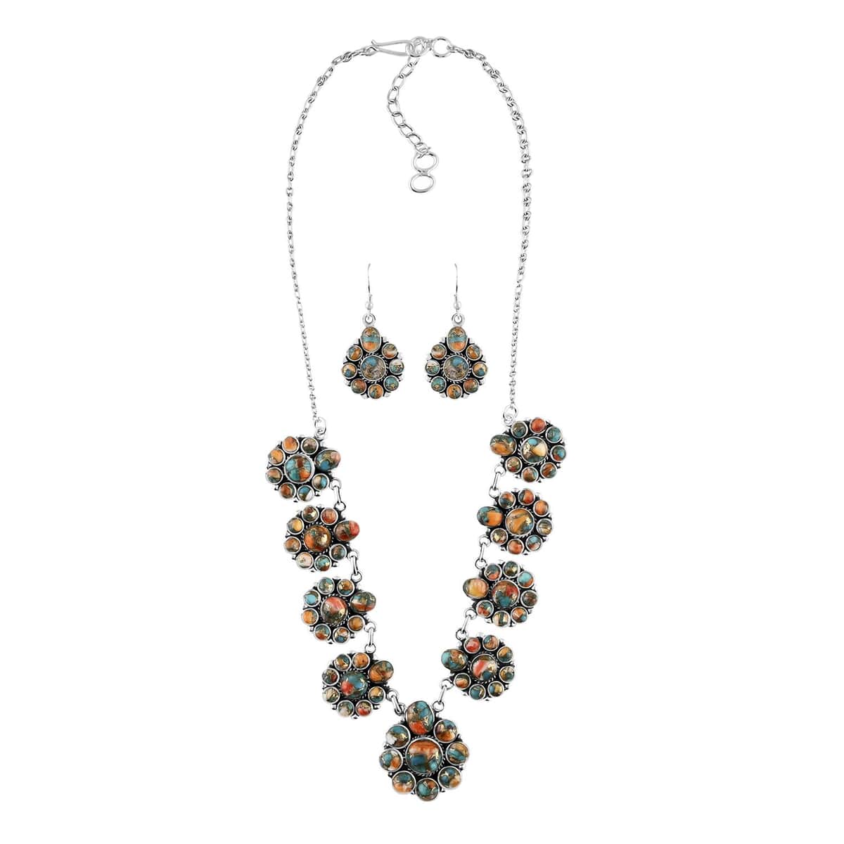 Santa Fe Style Spiny Turquoise Earrings and Necklace 18-20 Inches in Sterling Silver 78.00 ctw image number 0