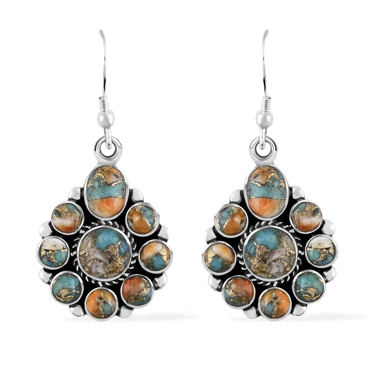 Santa Fe Style Spiny Turquoise Earrings and Necklace 18-20 Inches in Sterling Silver 78.00 ctw image number 4