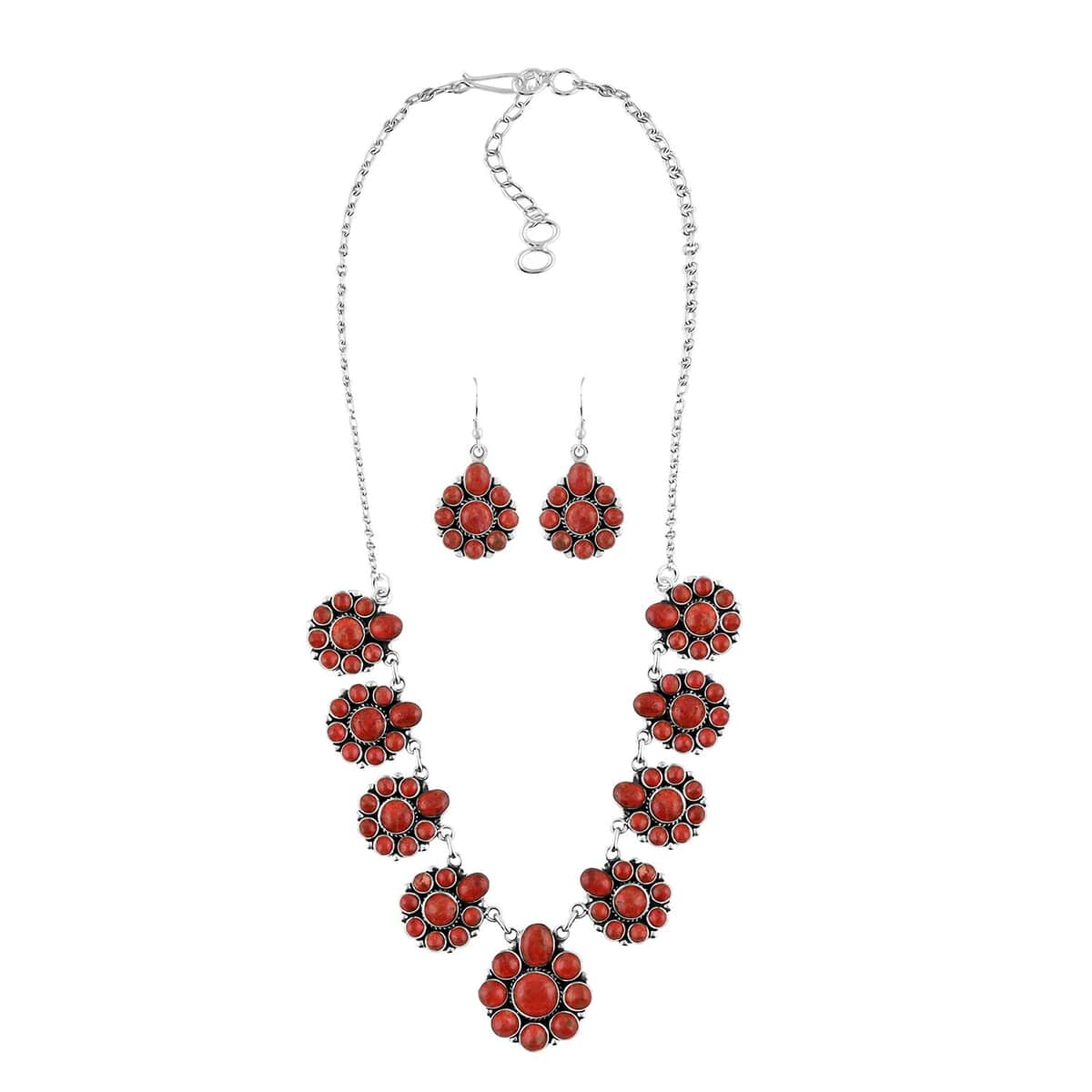 Santa Fe Style Red Coral Earrings and Necklace 18-20 Inches in Sterling Silver image number 0