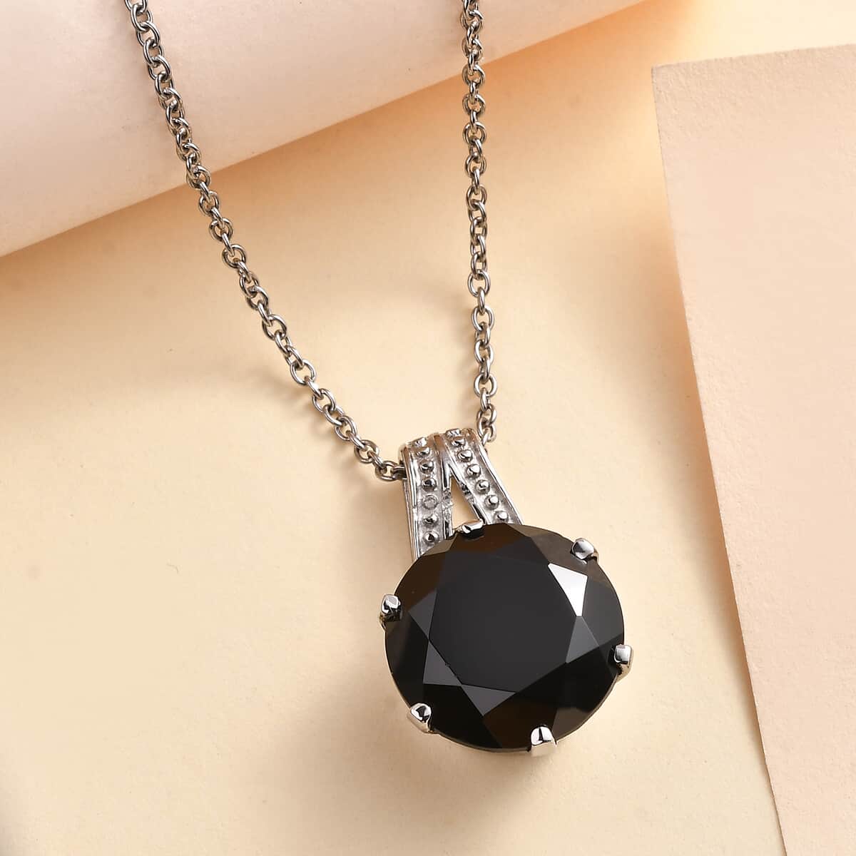 Thai Black Spinel 11.90 ctw Solitaire Pendant Necklace in Stainless Steel 20 Inches image number 1