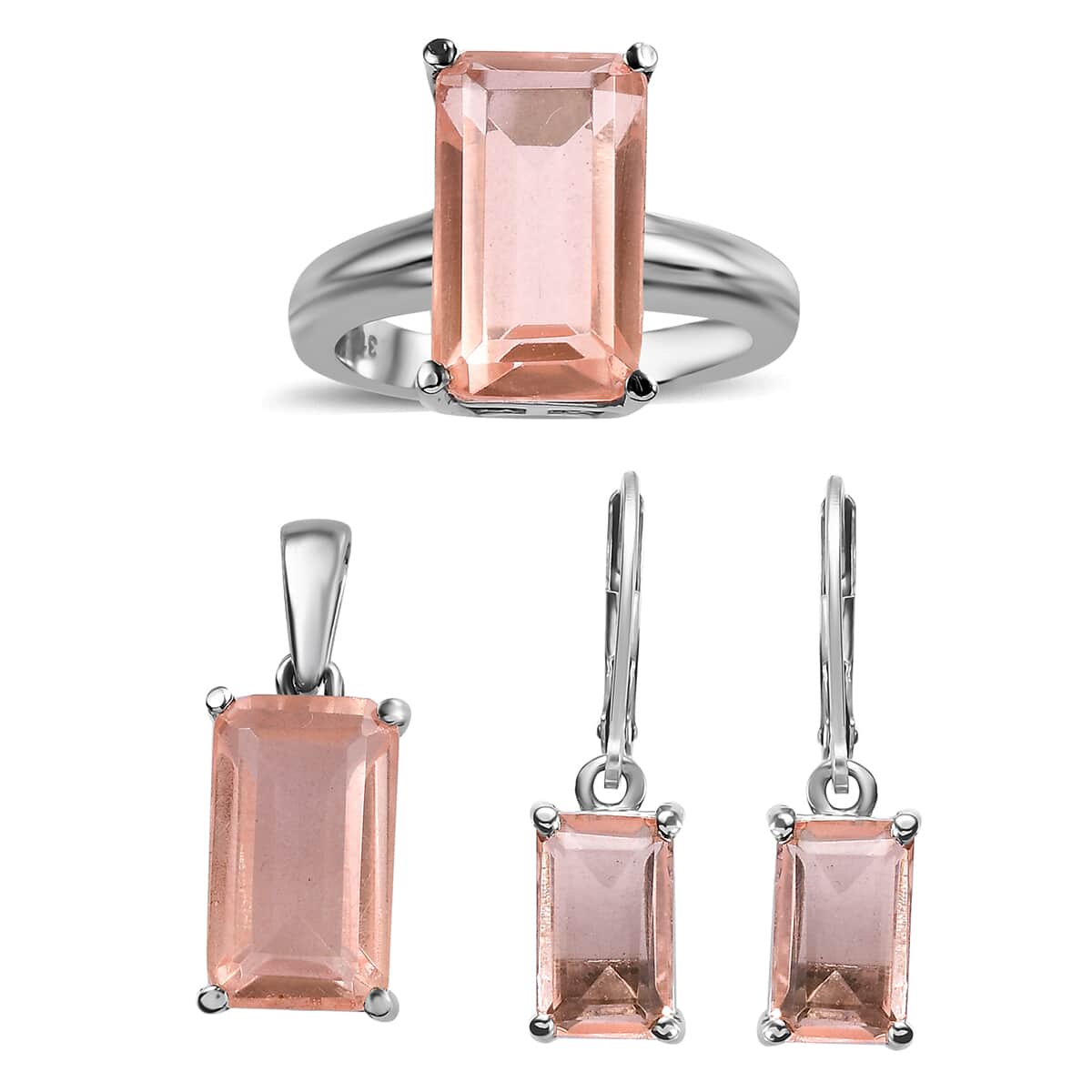 Morganique Quartz (Triplet) 16.15 ctw Solitaire Ring (Size 7.0), Pendant and Lever Back Earrings in Stainless Steel image number 0