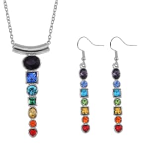 Seven Chakra Color Austrian Crystal Necklace (20-22 Inches) and Earrings in Silvertone