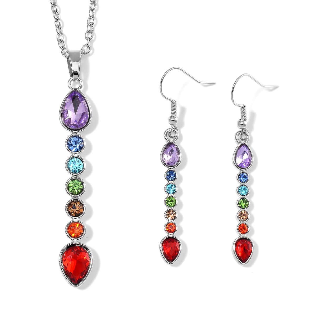 Seven Chakra Color Austrian Crystal Necklace (20-22 Inches) and Earrings in Silvertone image number 0