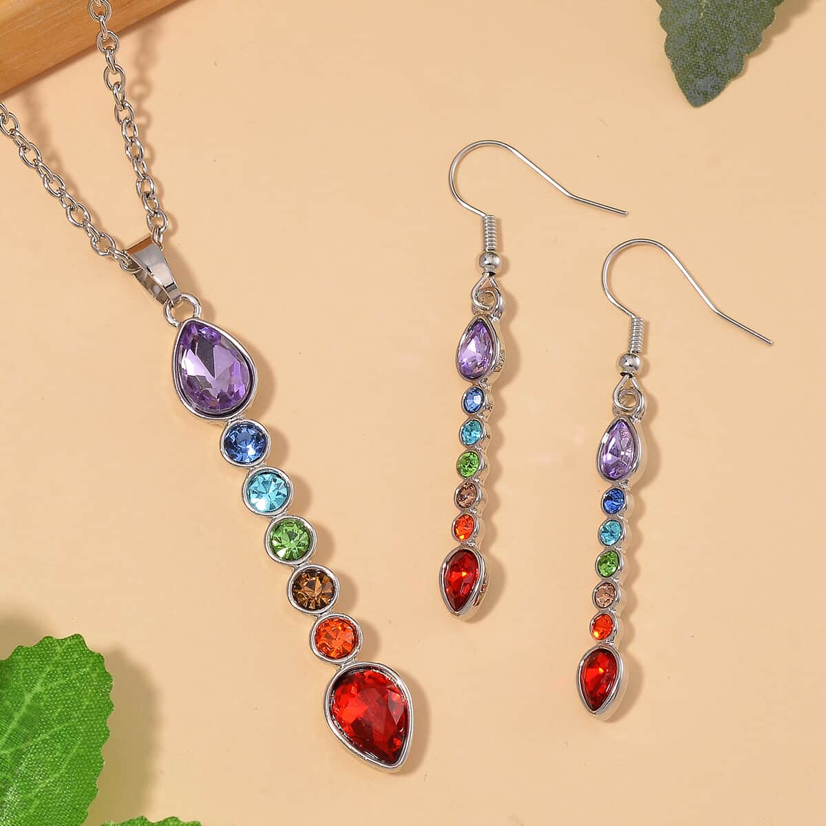 Seven Chakra Color Austrian Crystal Necklace (20-22 Inches) and Earrings in Silvertone image number 1