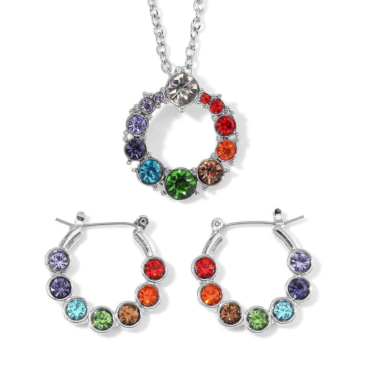 Seven Chakra Color Austrian Crystal Necklace (20-22 Inches) and Earrings in Silvertone image number 0