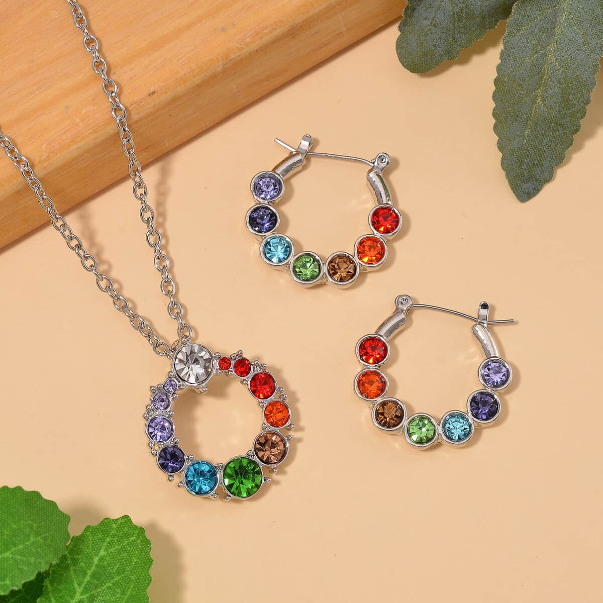 Seven Chakra Color Austrian Crystal Necklace (20-22 Inches) and Earrings in Silvertone image number 1