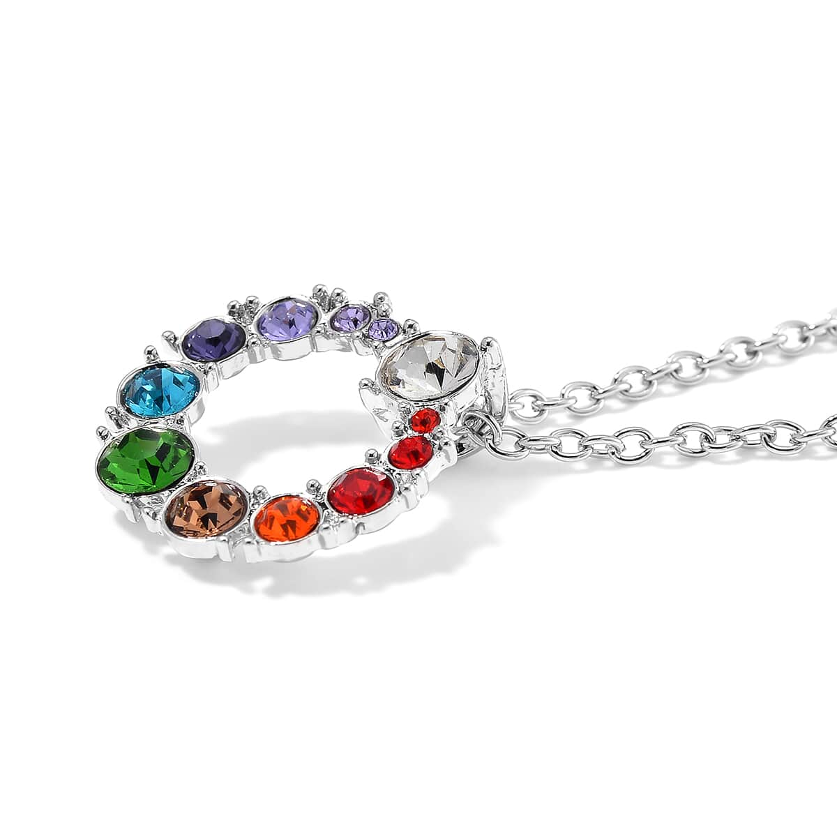 Seven Chakra Color Austrian Crystal Necklace (20-22 Inches) and Earrings in Silvertone image number 3