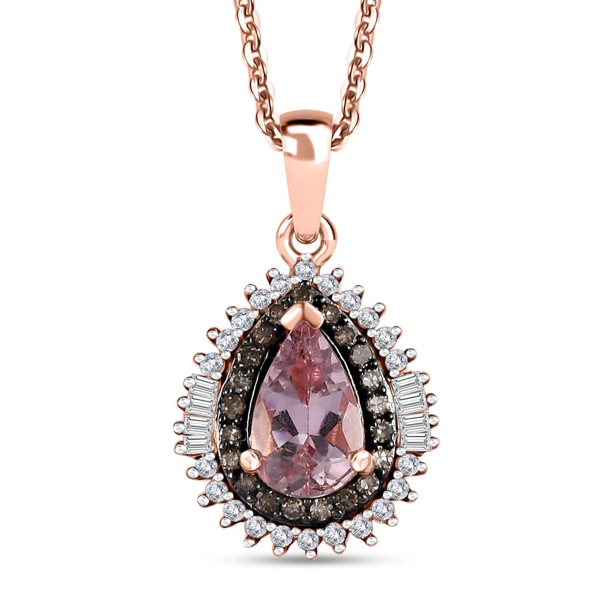 Premium Pink Morganite, Natural Champagne and White Diamond Double Halo Pendant Necklace 20 Inches in 18K Vermeil Rose Gold Over Sterling Silver 1.00 ctw image number 0