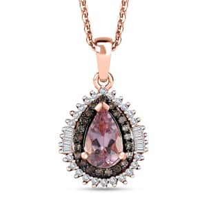 Premium Pink Morganite, Natural Champagne and White Diamond Double Halo Pendant Necklace 20 Inches in 18K Vermeil Rose Gold Over Sterling Silver 1.00 ctw