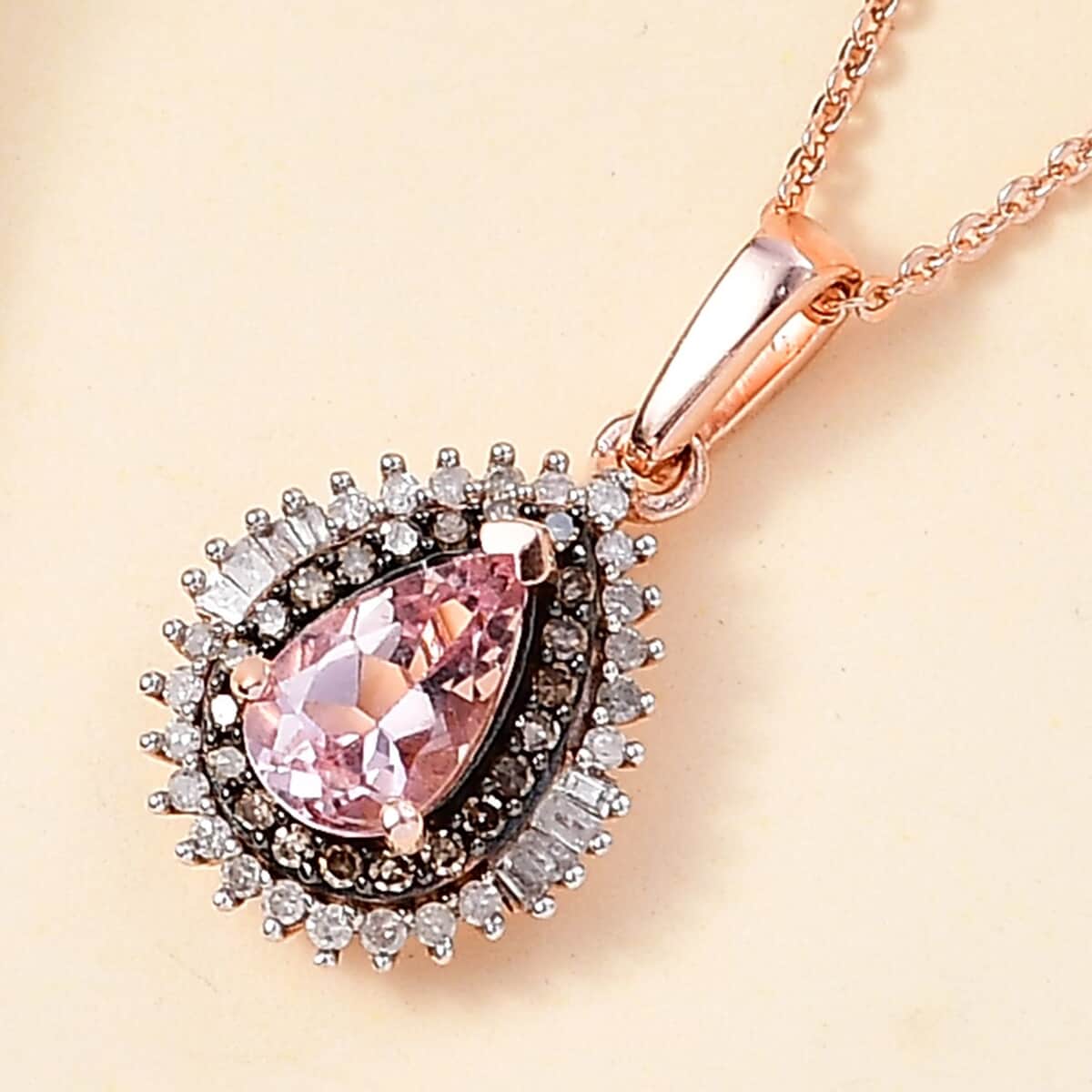 Premium Pink Morganite, Natural Champagne and White Diamond Double Halo Pendant Necklace 20 Inches in 18K Vermeil Rose Gold Over Sterling Silver 1.00 ctw image number 1