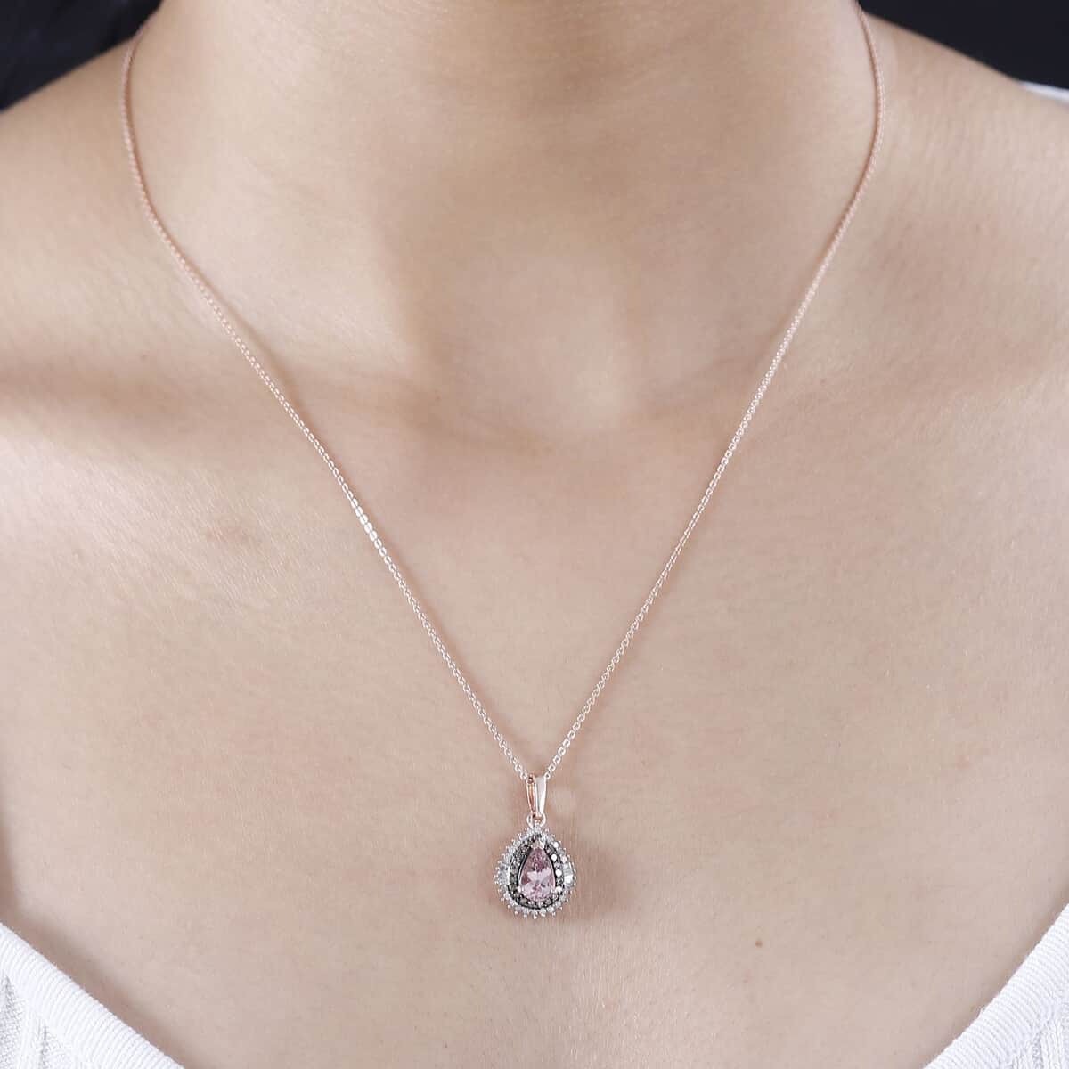 Premium Pink Morganite, Natural Champagne and White Diamond Double Halo Pendant Necklace 20 Inches in 18K Vermeil Rose Gold Over Sterling Silver 1.00 ctw image number 2