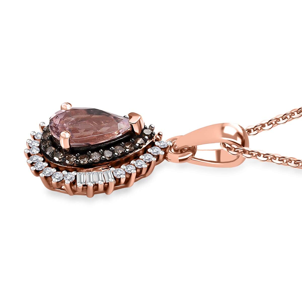 Premium Pink Morganite, Natural Champagne and White Diamond Double Halo Pendant Necklace 20 Inches in 18K Vermeil Rose Gold Over Sterling Silver 1.00 ctw image number 3