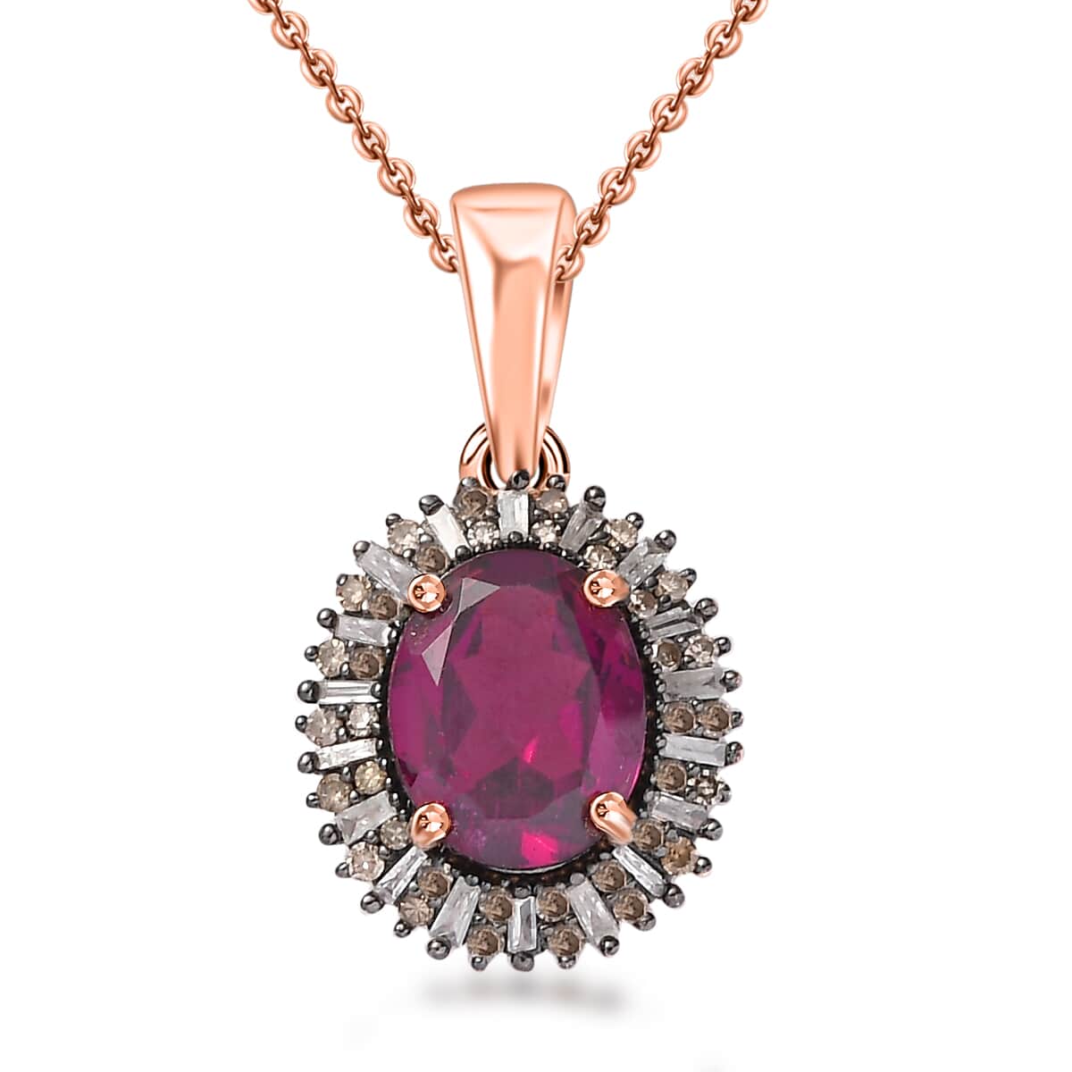 Premium Radiant Ember Garnet, Natural Champagne and White Diamond Sunrays Pendant Necklace 20 Inches in 18K Vermeil Rose Gold Over Sterling Silver 2.50 ctw image number 0