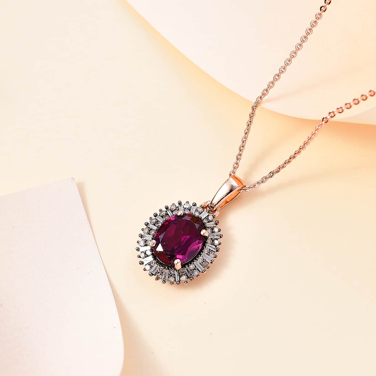 Premium Radiant Ember Garnet, Natural Champagne and White Diamond Sunrays Pendant Necklace 20 Inches in 18K Vermeil Rose Gold Over Sterling Silver 2.50 ctw image number 1