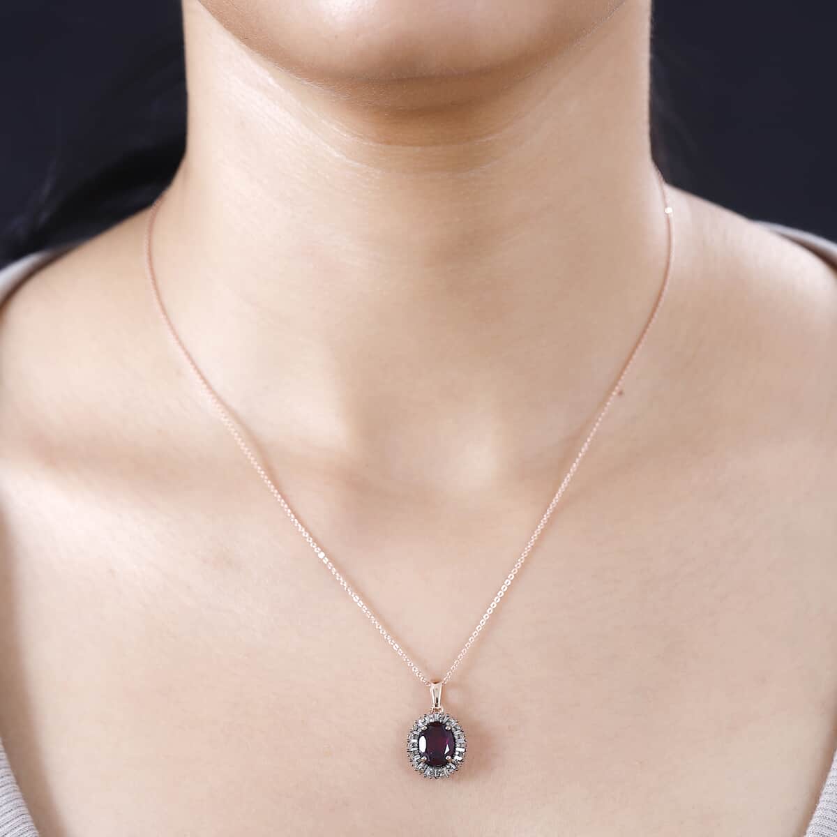 Premium Radiant Ember Garnet, Natural Champagne and White Diamond Sunrays Pendant Necklace 20 Inches in 18K Vermeil Rose Gold Over Sterling Silver 2.50 ctw image number 2