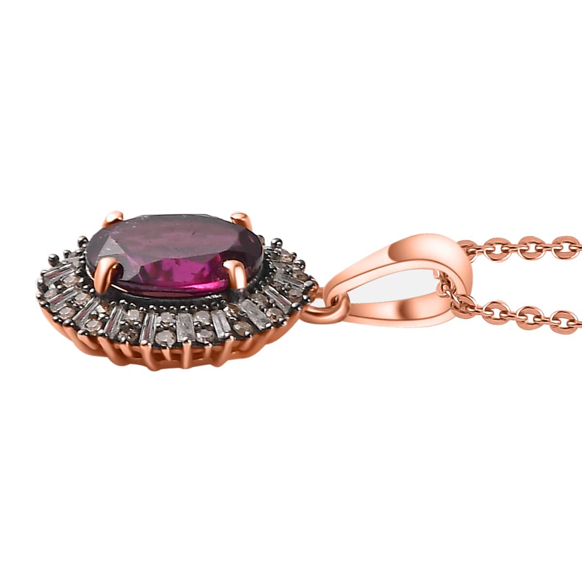 Premium Radiant Ember Garnet, Natural Champagne and White Diamond Sunrays Pendant Necklace 20 Inches in 18K Vermeil Rose Gold Over Sterling Silver 2.50 ctw image number 3