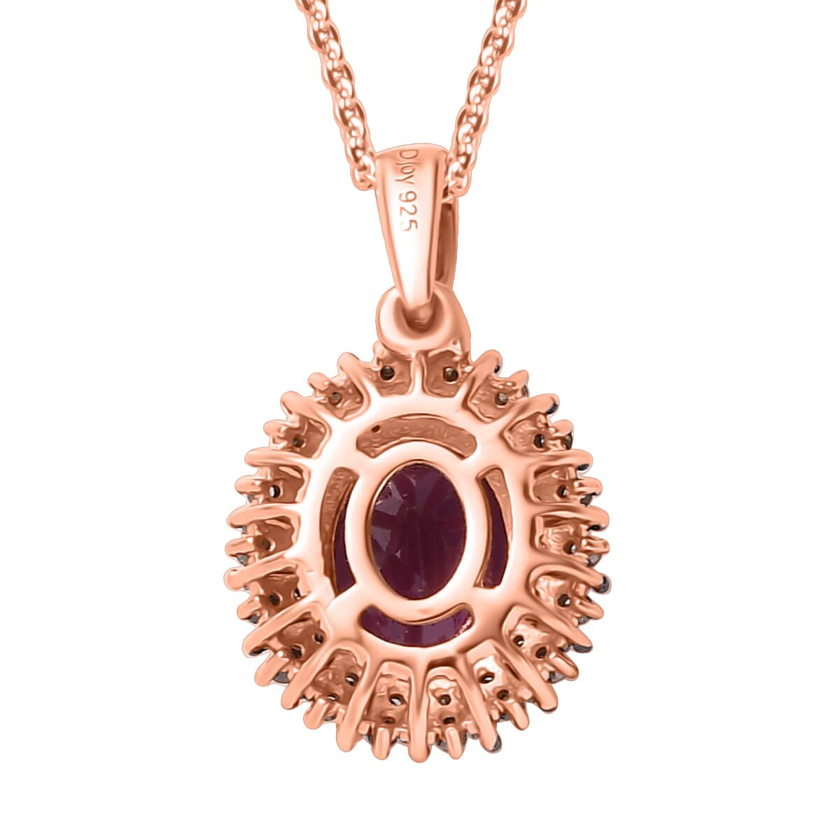 Premium Radiant Ember Garnet, Natural Champagne and White Diamond Sunrays Pendant Necklace 20 Inches in 18K Vermeil Rose Gold Over Sterling Silver 2.50 ctw image number 4